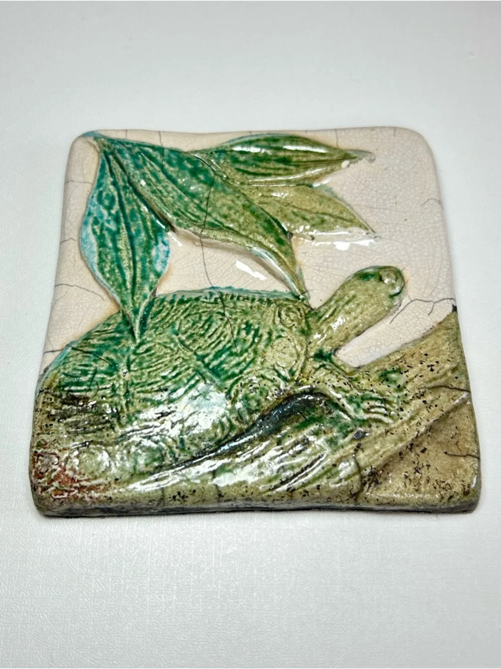Artisan Signed Nancy Cannon Green Turtle Ceramic Raku Tile Decor 4x4